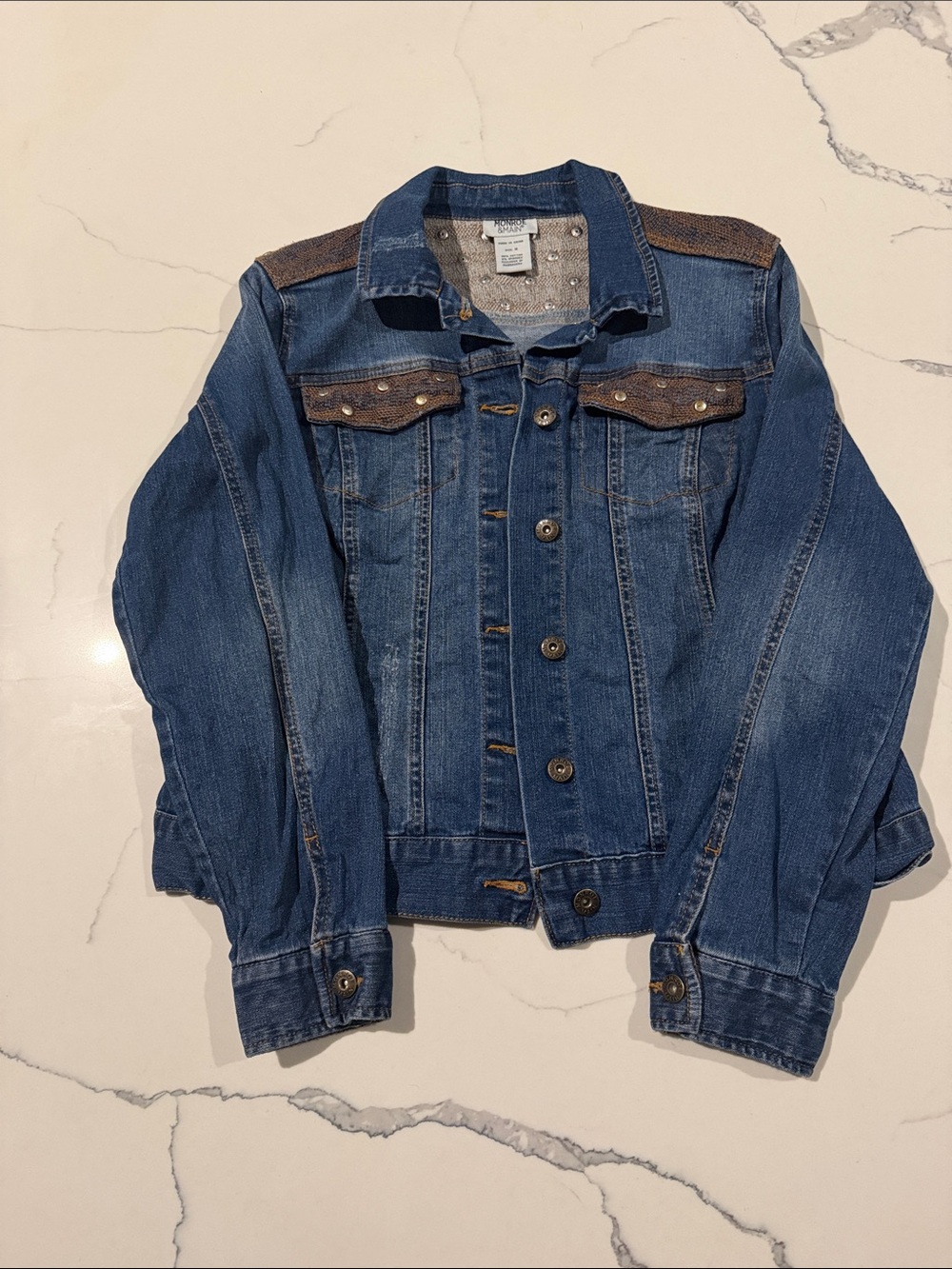 Monroe & Main Blue Denim Jacket with Brown Shoulder and Pocket Trim